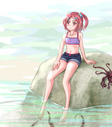 Rule 34 | 1boy, barefoot, crossdressing, frown, hair bobbles, hair ornament, hairclip, male focus, original, outdoors, ponytail, red hair, shorts, side ponytail, sitting, sky, solo, trap, water