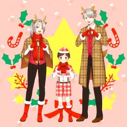 Rule 34 | 3boys, ;d, aged down, animal ears, antlers, black hair, blue eyes, boots, brown eyes, candy, candy cane, capelet, child, christmas, coat, deer ears, dual persona, food, gloves, hat, heart, heart hands, highres, hiro (totoring), holly, horns, katsuki yuuri, male focus, multiple boys, necktie, one eye closed, open mouth, plaid, ponytail, red gloves, reindeer antlers, santa hat, scarf, shorts, silver hair, smile, star (symbol), suspenders, viktor nikiforov, yuri!!! on ice