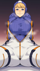 Rule 34 | 1girl, absurdres, animification, apex legends, arms behind back, bad id, bad twitter id, blonde hair, blue bodysuit, blue eyes, bodysuit, breasts, closed mouth, dyun, facing viewer, gradient background, highres, hood, hooded bodysuit, hooded jacket, jacket, large breasts, long sleeves, looking at viewer, open clothes, open jacket, partially unzipped, scar, scar on face, smile, solo, spread legs, steam, steaming body, sword, wattson (apex legends), weapon