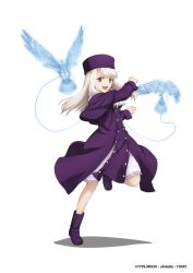 Rule 34 | 10s, 1girl, boots, fate/stay night, fate (series), frilled skirt, frills, full body, hat, head tilt, highres, illyasviel von einzbern, long hair, looking at viewer, official art, purple footwear, purple hat, red eyes, silver hair, skirt, skirt hold, smile, solo, transparent background, ucmm, white skirt