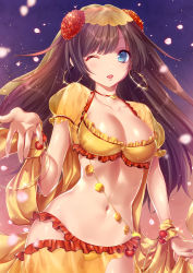 Rule 34 | 1girl, ;o, belly chain, bikini, black hair, blue eyes, breasts, cleavage, coin, collarbone, earrings, fate/grand order, fate (series), flower, frilled bikini, frills, gold, gold coin, hair flower, hair ornament, highres, hoop earrings, jewelry, large breasts, long hair, looking at viewer, mata hari (fate), navel, one eye closed, open mouth, petals, pixiv fate/grand order contest 2, revealing clothes, see-through, smile, solo, stomach, swimsuit, tsuru ringo, veil, yellow bikini