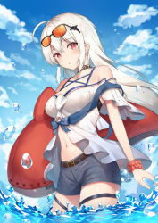 Rule 34 | 1girl, ahoge, arknights, bad id, bad pixiv id, bare shoulders, belt, black belt, blue sky, breasts, chinese commentary, choker, cloud, commentary request, cowboy shot, day, eyewear on head, gemini (pixiv12200794), grey shorts, hair between eyes, hair ornament, inflatable orca, inflatable toy, long hair, looking at viewer, medium breasts, navel, no headwear, off-shoulder shirt, off shoulder, official alternate costume, outdoors, partial commentary, pink eyes, scrunchie, shirt, short shorts, short sleeves, shorts, sidelocks, silver hair, skadi (arknights), skadi (waverider) (arknights), sky, solo, standing, stomach, sunglasses, thigh strap, thighs, wading, water, water drop, whale hair ornament, white shirt, wrist scrunchie