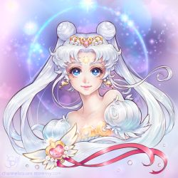 Rule 34 | 1girl, bare shoulders, bishoujo senshi sailor moon, blue eyes, brooch, channel-square, channelsquare, crescent, crescent facial mark, double bun, earrings, eyelashes, facial mark, forehead mark, gem, gradient background, hair bun, heart, heart brooch, jewelry, long hair, neo queen serenity, pearl earrings, pink lips, pink ribbon, puffy short sleeves, puffy sleeves, ribbon, short sleeves, signature, smile, solo, sparkle, tiara, tsukino usagi, twintails, upper body, watermark, web address, wing brooch