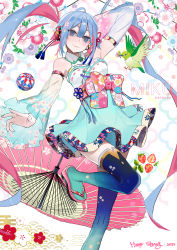 Rule 34 | 1girl, 2022, absurdres, ahoge, arm up, bird, blue eyes, blue hair, blue skirt, blue sleeves, blue thighhighs, character name, closed mouth, dated, detached sleeves, floral print, food, fruit, gradient legwear, gradient sleeves, hair between eyes, happy birthday, hatsune miku, higasizora-kai, high-waist skirt, highres, long hair, long sleeves, miniskirt, multicolored hair, oil-paper umbrella, pink hair, pink sleeves, pink umbrella, print sleeves, seigaiha, skirt, smile, solo, standing, standing on one leg, strawberry, strawberry slice, thighhighs, two-tone hair, umbrella, very long hair, vocaloid, white sleeves, wide sleeves, wing collar