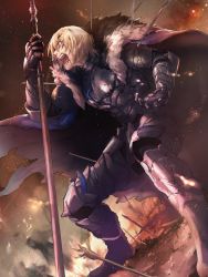 Rule 34 | 1boy, armor, armored boots, arrow (projectile), arrow in body, blonde hair, blood, blood on face, bloody weapon, blue eyes, boots, cape, dimitri alexandre blaiddyd, embers, eyepatch, fire, fire emblem, fire emblem: three houses, full body, fur cape, gauntlets, highres, injury, lance, male focus, manly, moyashi mou2, nintendo, open mouth, outdoors, polearm, profile, short hair, shouting, smoke, solo, teeth, torn cape, torn clothes, weapon