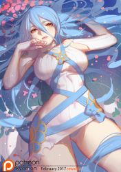 Rule 34 | 1girl, 2017, alternate breast size, arm up, artist name, azura (fire emblem), bare shoulders, blue bow, blue hair, blue panties, blush, bow, breasts, brown eyes, covered navel, dated, dress, expressionless, fingerless gloves, fire emblem, fire emblem fates, gloves, hair between eyes, large breasts, long hair, looking at viewer, lying, nintendo, on back, panties, pantyshot, parted lips, patreon, patreon username, pink lips, short dress, solo, songjikyo, underwear, upskirt, very long hair, water, watermark, white dress, white gloves