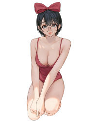 Rule 34 | 1girl, absurdres, bare legs, barefoot, black hair, bow, breasts, brown eyes, cleavage, glasses, hair bow, highres, large breasts, leotard, looking at viewer, mole, mole under mouth, original, parted lips, red bow, red leotard, rinotuna, shadow, short hair, simple background, solo, white background