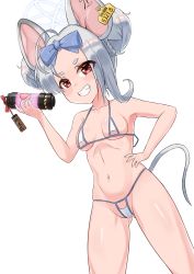 Rule 34 | 1girl, absurdres, alternate hairstyle, animal ears, bikini, blue archive, bottle, breasts, collarbone, double bun, grin, hair bun, hair ribbon, halo, hand on own hip, highres, looking at viewer, micro bikini, mouse ears, mouse tail, navel, red eyes, ribbon, saya (blue archive), simple background, small breasts, smile, solo, swimsuit, tail, tsugumi amon, white background