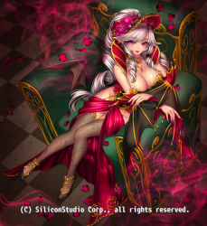 Rule 34 | 1girl, bare shoulders, bat wings, breasts, cleavage, company name, couch, curly hair, fangs, flower, full body, grey hair, gyakushuu no fantasica, hair flower, hair ornament, high heels, highres, huge breasts, jewelry, long hair, nail polish, necklace, no panties, official art, open mouth, petals, pink eyes, pointy ears, ponytail, ryuki@maguro-ex, sitting, solo, thighhighs, vampire, veins, veiny breasts, wings