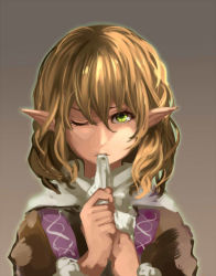 Rule 34 | 1girl, biting clothes, blonde hair, green eyes, i-la, mizuhashi parsee, one eye closed, pointy ears, scarf, solo, touhou