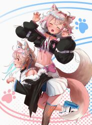 Rule 34 | 2girls, :3, :d, absurdres, animal ear fluff, animal ears, belt, belt collar, black collar, black jacket, blue belt, blue hair, blush, breasts, closed eyes, collar, cropped jacket, cropped shirt, dog ears, dog girl, dog tail, fangs, fishnet thighhighs, fishnets, fur-trimmed jacket, fur trim, fuwawa abyssgard, fuwawa abyssgard (1st costume), hair ornament, hairpin, headphones, headphones around neck, highres, hololive, hololive english, jacket, large breasts, leg up, long hair, looking at viewer, medium hair, midriff, mococo abyssgard, mococo abyssgard (1st costume), multicolored hair, multiple girls, nail polish, navel, open mouth, paw print, pink belt, pink hair, pink nails, raedrobart, shirt, short shorts, shorts, siblings, single thighhigh, sisters, skin fangs, skirt, skirt set, small breasts, smile, spiked collar, spikes, streaked hair, tail, thighhighs, twins, virtual youtuber, white footwear, white shirt, white shorts, white skirt, x hair ornament