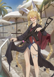 Rule 34 | 1girl, absurdres, animal ears, bad id, bad pixiv id, bag, blonde hair, blue one-piece swimsuit, blush, braid, cirilla lin, clothes lift, girls&#039; frontline, glasses, gun, highres, holding, holding weapon, long hair, looking at viewer, neck ribbon, official alternate costume, one-piece swimsuit, open mouth, purple eyes, red ribbon, ribbon, school bag, school swimsuit, school uniform, simple background, skirt, skirt lift, smile, solo, sr-3mp, sr-3mp (bunny macchiato) (girls&#039; frontline), sr-3mp (girls&#039; frontline), standing, swimsuit, weapon