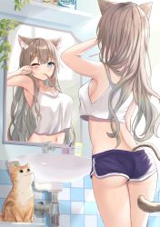 Rule 34 | 1girl, akino ell, animal, animal ears, arm up, armpits, artistic error, ass, back, bad reflection, bare arms, bare shoulders, blue eyes, blue shorts, breasts, brown hair, camisole, cat, cat ears, cat girl, cat tail, crop top, crop top overhang, dolphin shorts, from behind, hair ornament, hairclip, highres, long hair, medium breasts, micro shorts, midriff, mouth hold, navel, one eye closed, original, reflection, revision, shirt, short shorts, shorts, sideboob, sleeveless, sleeveless shirt, solo, standing, tail, thighs, toothbrush, toothbrush in mouth, white shirt