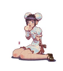 Rule 34 | 1girl, baozi, black footwear, black hair, blue eyes, blunt bangs, boyleart, bun cover, china dress, chinese clothes, double bun, dress, earrings, eating, food, hair bun, highres, jewelry, mary janes, no socks, saliva, shoes, short hair, short sleeves, simple background, sitting, solo, wariza, white background