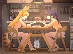 Rule 34 | 2girls, :d, alternate costume, alternate hair length, alternate hairstyle, animal ears, barefoot, black hair, blonde hair, bottle, chair, cup, dinner, drinking glass, earrings, extra ears, food, indoors, jewelry, kaban (kemono friends), kemono friends, long hair, looking at another, lucky beast (kemono friends), matching outfits, multiple girls, open mouth, pajamas, pants, pink pajamas, pink pants, pink shirt, ponytail, serval (kemono friends), serval print, shirt, sitting, slippers, smile, table, tail, toasting (gesture), wamawmwm, wine bottle, wine glass