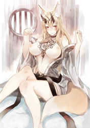 Rule 34 | 1girl, absurdres, animal ears, bad id, bad twitter id, blonde hair, blush, breast tattoo, breasts, chest tattoo, choker, covered erect nipples, facial mark, fox ears, fox tail, highres, horns, japanese clothes, kimono, large breasts, long hair, looking at viewer, navel, puffy nipples, red eyes, ricci, sash, sitting, solo, tail, tattoo, window, wooden wall