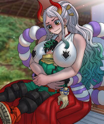 Rule 34 | 1boy, 1girl, between breasts, blush, boku no hero academia, breasts, crossover, facing viewer, gradient hair, green hair, highres, hug, hug from behind, huge breasts, midoriya izuku, multicolored hair, one piece, shosho oekaki, sitting, sitting on lap, sitting on person, size difference, smile, tagme, tall female, taller female, white hair, yamato (one piece)