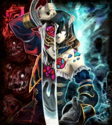 Rule 34 | 1boy, 1girl, black hair, bloodstained: ritual of the night, blue eyes, brown hair, detached sleeves, gauntlets, gebel (bloodstained), gradient hair, hair between eyes, hair ornament, looking at viewer, mask, miriam (bloodstained), multicolored hair, natsume yuji, official art, pale skin, red eyes, short hair, silver hair, stained glass, sword, weapon