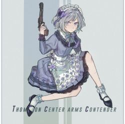Rule 34 | 1girl, apron, bow, character name, commentary, contender (flowerful maid) (girls&#039; frontline), contender (girls&#039; frontline), cretaceum, dress, frilled dress, frilled socks, frills, full body, girls&#039; frontline, grey hair, gun, hair bow, handgun, holding, holding gun, holding weapon, juliet sleeves, long sleeves, looking at viewer, maid, maid headdress, multicolored hair, official alternate costume, pistol, puffy sleeves, purple eyes, purple hair, rifle-caliber handgun, rifle-caliber pistol, short hair, socks, solo, streaked hair, thompson/center contender, weapon
