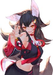 Rule 34 | 1girl, animal ear fluff, animal ears, armpits, bell, black hair, black skirt, blush, choker, claw pose, collarbone, commentary, cowboy shot, detached sleeves, fang, fingernails, hair between eyes, hair ornament, hairclip, hand up, hololive, izumi sai, japanese clothes, kouhaku nawa, long hair, long sleeves, looking at viewer, multicolored hair, navel, ookami mio, ookami mio (1st costume), open mouth, red choker, red hair, red neckwear, rope, sharp fingernails, shimenawa, simple background, skin fang, skirt, smile, solo, streaked hair, tail, virtual youtuber, white background, wide sleeves, wolf ears, wolf tail, yellow eyes