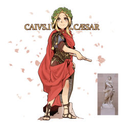 Rule 34 | 1girl, ancient greek clothes, armor, blonde hair, brooch, character name, chiton, cloak, dongsa wonhyong, fine art parody, gender request, genderswap, greco-roman clothes, history, holding, holding rod, holding shield, jewelry, julius caesar, latin text, laurel crown, legs apart, looking up, original, outstretched arm, parody, photo-referenced, photo (medium), photo inset, pointing, pointing down, real life, red cloak, reference inset, reference photo, rock, roman clothes, shield, short sleeves, solo, standing, statue, yellow eyes