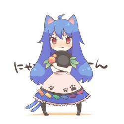 Rule 34 | 1girl, ahoge, animal ears, bad id, bad pixiv id, blue hair, blush, cat ears, cat girl, cat tail, chibi, female focus, food, fruit, hat, unworn hat, unworn headwear, hinanawi tenshi, holding, holding clothes, holding hat, hugging object, kemonomimi mode, konbu ame, long hair, looking at viewer, multiple tails, nyan, peach, purple hair, red eyes, simple background, solo, standing, tail, touhou, twintails