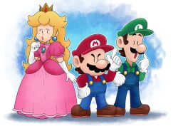 Rule 34 | 1girl, 2boys, blonde hair, brothers, brown hair, crown, dress, earrings, facial hair, full body, gloves, hat, highres, jewelry, long hair, looking at viewer, luigi, mario, mario (series), mayo (funnyhoohooman), multiple boys, mustache, nervous, nintendo, open mouth, overalls, pink dress, princess peach, serious, siblings, standing, the super mario bros. movie