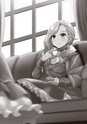 Rule 34 | 1girl, azur lane, blush, closed mouth, couch, cup, earrings, gloves, highres, holding, holding cup, hood (azur lane), indoors, jewelry, long sleeves, looking away, raiou, sitting, smile, solo, teacup, window