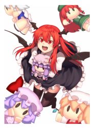 Rule 34 | 1girl, black skirt, black thighhighs, blonde hair, blue bow, blunt bangs, book, border, bow, braid, character doll, crescent, crescent hat ornament, flandre scarlet, hair bow, hat, hat ornament, head wings, hong meiling, hugging doll, hugging object, izayoi sakuya, juliet sleeves, kaiza (rider000), koakuma, long hair, long sleeves, mob cap, open mouth, patchouli knowledge, pointy ears, puffy sleeves, purple hair, red bow, red eyes, red hair, remilia scarlet, revision, sidelocks, silver hair, simple background, skirt, smile, solo, thighhighs, touhou, transparent border, twin braids, vest, white background, wings, | |