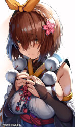 Rule 34 | 1girl, animal ears, banned artist, belko, braid, breasts, bridal gauntlets, brown eyes, brown hair, character request, commentary request, dated, flower, hair between eyes, hair flower, hair ornament, hair ribbon, highres, japanese clothes, large breasts, looking at viewer, oshiro project:re, ribbon, short hair, simple background, solo, upper body, white background, yellow ribbon