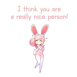 Rule 34 | 1girl, ^ ^, absurdres, animal ears, blush, breasts, chibi, closed eyes, closed mouth, english text, facing viewer, fiz (fizintine), fizintine, full body, hair ribbon, heart, highres, large breasts, original, own hands together, pink hair, rabbit ears, rabbit girl, rabbit tail, red ribbon, ribbon, short hair, simple background, smile, solo, tail, thighhighs, white thighhighs, wrist cuffs
