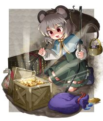 Rule 34 | 1girl, animal ears, bag, basket, black footwear, blush, cheese, commentary request, crystal, dowsing rod, dress, flat chest, food, full body, glint, glowing, gold, grey dress, grey hair, highres, jewelry, kneeling, long sleeves, magatama, momomomo (user ueus7454), mouse (animal), mouse ears, mouse girl, mouse tail, nazrin, open mouth, pendant, red eyes, shaded face, shirt, shoes, short hair, smile, socks, solo, tail, touhou, treasure chest, white shirt, white socks, wooden box