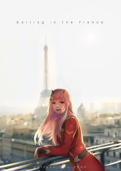 Rule 34 | 10s, 1girl, :d, against railing, artist name, blunt bangs, blurry, blurry background, city, copyright name, darling in the franxx, dated, day, dress, eiffel tower, green eyes, hairband, highres, horns, leaning forward, lens flare, long sleeves, looking at viewer, lulu-chan92, military, military uniform, open mouth, outdoors, paris, pun, railing, real world location, red dress, smile, solo, straight hair, sunlight, teeth, uniform, upper body, watermark, web address, white hairband, zero two (darling in the franxx)