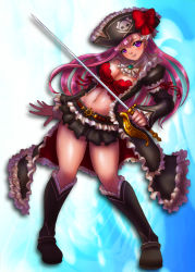 Rule 34 | 10s, 1girl, belt, blush, boken fantasy, boots, bow, bra, breasts, captain liliana, cleavage, coat, frills, hat, highres, jolly roger, lingerie, long hair, midriff, navel, pink hair, pirate, pirate hat, purple eyes, queen&#039;s blade, queen&#039;s blade rebellion, rapier, ribbon, skirt, skull and crossed swords, smile, solo, sword, underwear, weapon