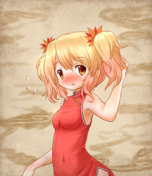 Rule 34 | 1girl, aki shizuha, alternate costume, alternate hairstyle, arinu, armpits, autumn leaves, bare arms, bare shoulders, blonde hair, blush, china dress, chinese clothes, dress, flying sweatdrops, hair ornament, looking at viewer, open mouth, red dress, solo, touhou, twintails