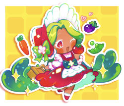 +_+ 1girl :d akibevillage basket bonnet border bow bright_pupils carrot collared_shirt commentary_request cookie_run cookie_run:_ovenbreak dress eggplant food frilled_sleeves frills full_body green_bow green_hair hat highres holding holding_basket holding_food long_hair long_sleeves looking_at_viewer official_alternate_costume one_eye_closed open_mouth orange_background outline outside_border petticoat puffy_long_sleeves puffy_sleeves red_dress red_eyes red_footwear red_hat shirt simple_background smile solo spinach_cookie spinach_cookie_(veggie_lovers_president) standing standing_on_one_leg tomato very_long_hair white_border white_outline white_pupils white_shirt