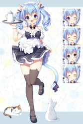 Rule 34 | 1girl, :d, ;), ^ ^, animal, animal ear fluff, animal ear legwear, animal ears, bare shoulders, bell, black dress, black footwear, blue hair, blush, bow, brown thighhighs, cat, cat ear legwear, cat ears, cat girl, cat tail, closed eyes, commentary request, cup, dress, expressions, hair between eyes, hand up, highres, holding, holding tray, jingle bell, mauve, multiple views, one eye closed, open mouth, original, purple bow, purple eyes, shoes, sleeveless, sleeveless dress, smile, standing, standing on one leg, tail, tail bow, tail ornament, teacup, teapot, thighhighs, tray, twintails, white cat, white sleeves
