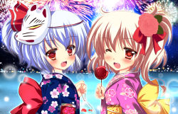 Rule 34 | 2girls, alternate costume, bad id, bad pixiv id, bag, blonde hair, blue hair, blush, candy apple, city lights, fang, female focus, fireworks, fish, flandre scarlet, floral print, flower, food, fox mask, goldfish, hair flower, hair ornament, hair ribbon, heart, heart-shaped pupils, japanese clothes, kimono, looking at viewer, looking back, mask, multiple girls, no headwear, no headwear, obi, one eye closed, open mouth, red eyes, red sky, remilia scarlet, ribbon, rika-tan (rikatantan), sash, short hair, siblings, side ponytail, sisters, sky, smile, sunset, symbol-shaped pupils, touhou, wink