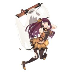 Rule 34 | 1girl, bare shoulders, belt, blush, breasts, ghost, girls&#039; frontline, gloves, gun, hair ribbon, high heels, long hair, navel, open mouth, pantyhose, pumpkin, purple hair, red eyes, ribbon, rifle, skirt, sniper rifle, solo, tears, teeth, tongue, torn clothes, wa2000 (girls&#039; frontline), weapon, white background