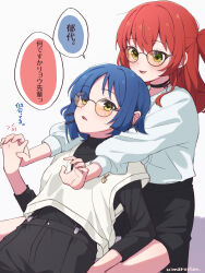 Rule 34 | 2girls, artist name, bespectacled, black choker, black pants, black shirt, black skirt, black undershirt, blue hair, blunt ends, blush, bocchi the rock!, brown-framed eyewear, calling, character name, choker, commentary request, cowboy shot, glasses, green eyes, hair ornament, hairclip, highres, kaomoji, kita ikuyo, layered sleeves, long hair, long sleeves, looking at another, multiple girls, one side up, open mouth, pants, partial commentary, partially translated, red hair, round eyewear, shirt, short hair, short over long sleeves, short sleeves, sitting, skirt, sleeveless, sleeveless shirt, smile, speech bubble, suspenders, talking, translation request, uimaru918, undershirt, white background, white shirt, yamada ryo, yellow eyes