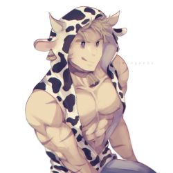 Rule 34 | 1boy, :q, abs, addy (@vegeebs), alternate costume, animal costume, animal ears, bare pectorals, bell, blonde hair, blue eyes, boku no hero academia, chinese zodiac, collar, collarbone, cow boy, cow costume, cow ears, cow horns, denim, fake animal ears, fake horns, foreshortening, happy birthday, highres, horns, jeans, large pectorals, looking at viewer, male focus, muscular, muscular male, navel, neck bell, nipples, pants, pectorals, scar, scar on arm, short hair, smile, solo, spiked hair, stomach, togata mirio, tongue, tongue out, upper body, year of the ox