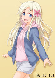 Rule 34 | 10s, 1girl, anti (untea9), blonde hair, blue eyes, blush, casual, commentary, flower, hair flower, hair ornament, highres, hood, hoodie, jacket, kantai collection, long hair, looking at viewer, open mouth, ro-500 (kancolle), shorts, smile, solo, tan, twitter username