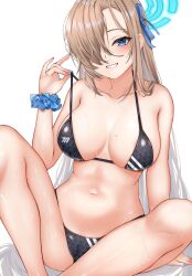 Rule 34 | 1girl, absurdres, asuna (blue archive), bad id, bad twitter id, bare arms, bare legs, bare shoulders, bikini, black bikini, blonde hair, blue archive, blue eyes, blue nails, breasts, cleavage, feet out of frame, grin, hair over one eye, hair ribbon, hand up, highres, large breasts, long hair, looking at viewer, mole, mole on breast, nahanmin, nail polish, navel, pulled by self, ribbon, scrunchie, smile, solo, stomach, strap pull, string bikini, swimsuit, thighs, very long hair, wet, wrist scrunchie