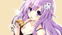 Rule 34 | 1girl, blush, breasts, choujigen game neptune, cleavage, collar, collarbone, d-pad, food, food on face, holding, holding food, iwashi dorobou -r-, long hair, looking at viewer, medium breasts, nepgear, neptune (series), no bra, open mouth, outline, potato, purple eyes, purple hair, shirt, simple background, sweet potato, upper body