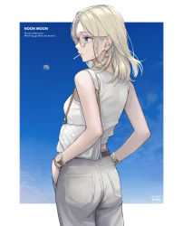 Rule 34 | 1girl, artist name, bag, bare arms, bare shoulders, belt, blonde hair, blue eyes, blue sky, border, bracelet, breasts, brown belt, candy, closed mouth, cloud, commentary, cowboy shot, dated, day, ear piercing, earrings, english text, expressionless, food, food in mouth, from behind, full moon, glasses, grey pants, hand in pocket, handbag, highres, hoop earrings, jewelry, lollipop, looking away, medium hair, midriff peek, moon, multiple earrings, original, outdoors, outside border, pants, parted bangs, piercing, pocket, profile, shoulder bag, sky, small breasts, solo, standing, sugai (4ugaii), tank top, watch, white border, white tank top, wristwatch, yellow-framed eyewear