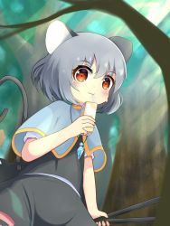Rule 34 | 1girl, animal ears, blue capelet, blush, capelet, closed mouth, commentary request, cowboy shot, crystal, day, dowsing rod, drinking straw, drinking straw in mouth, flat chest, forest, grey hair, grey skirt, grey vest, hair between eyes, highres, jewelry, juice box, koruk700, looking at viewer, mouse ears, mouse girl, mouse tail, nature, nazrin, outdoors, pendant, red eyes, shirt, short hair, skirt, skirt set, smile, solo, sunlight, tail, touhou, tree, vest, white shirt