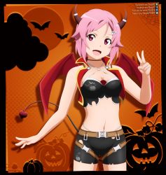 Rule 34 | 1girl, :d, black choker, black shorts, breasts, choker, cleavage, collarbone, cowboy shot, criss-cross halter, crop top, demon tail, fangs, hair ornament, hairclip, halloween, halloween costume, halterneck, highres, horns, lisbeth (sao), medium breasts, midriff, navel, open mouth, orange background, parted bangs, pink hair, pumpkin, red eyes, red wings, short hair, short shorts, shorts, shugo19, sleeveless, smile, solo, standing, stomach, sword art online, tail, torn clothes, torn shorts, v, watermark, wings