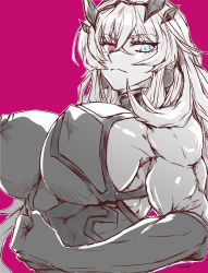 Rule 34 | 1girl, biceps, blue eyes, breasts, clenched hand, covered erect nipples, drawing, barghest (fate), barghest (second ascension) (fate), fate/grand order, fate (series), flexing, heterochromia, highres, jewelry, kamenakake, large breasts, long hair, looking at viewer, muscular, muscular female, red eyes, serious, solo