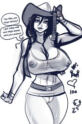 Rule 34 | abs, black hair, breasts, commentary, condom, covered erect nipples, cowboy hat, cowgirl (western), eirhjien, english commentary, english text, final fantasy, final fantasy vii, final fantasy vii rebirth, final fantasy vii remake, greyscale, hat, highres, holding, holding condom, large breasts, miniskirt, monochrome, multiple condoms, narrow waist, nipples, pussy, see-through, see-through shirt, skirt, speech bubble, sweat, sweaty clothes, thighs, tifa lockhart, tifa lockhart (cowgirl)