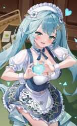 Rule 34 | 1girl, alternate breast size, anemo symbol (genshin impact), apron, aqua hair, aqua pupils, blue dress, blue ribbon, breasts, cleavage, collar, detached collar, dress, faruzan (cafe) (genshin impact), faruzan (genshin impact), frilled apron, frilled collar, frills, genshin impact, green eyes, hand up, heart, heart hands, highres, long hair, looking at viewer, lunacle, maid, maid apron, maid headdress, medium breasts, neck ribbon, official alternate costume, open mouth, ribbon, short sleeves, sidelocks, smile, solo, symbol-shaped pupils, triangle-shaped pupils, twintails, white apron, white collar